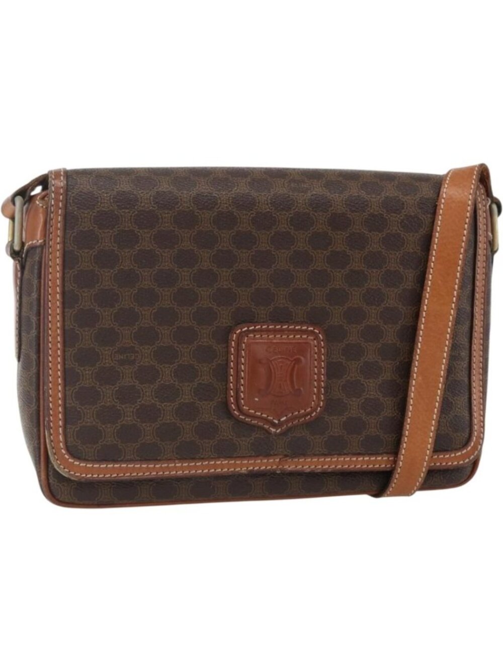 CELINE Macadam Canvas Shoulder Bag PVC Leather Brown Gold
